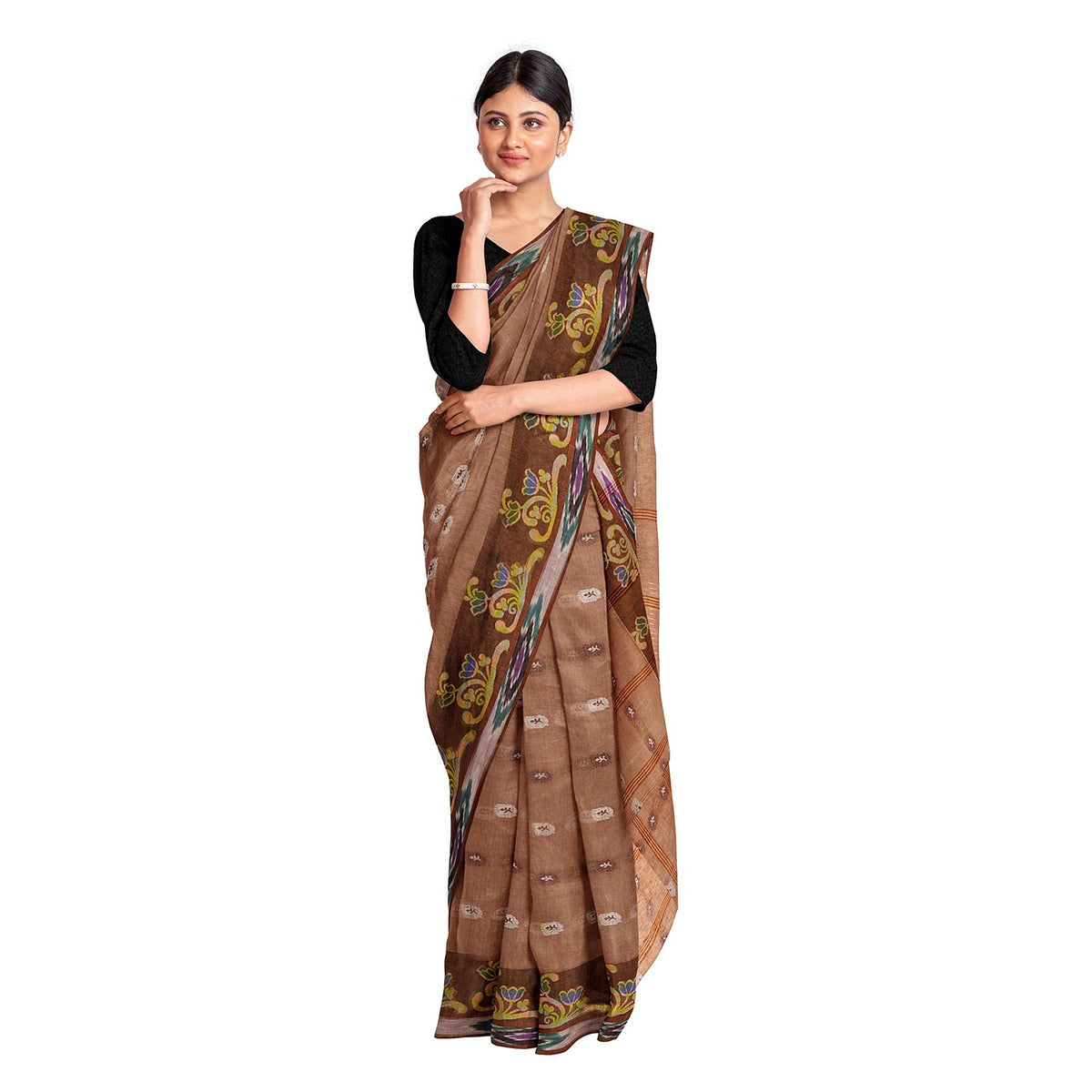 Exclusive Collection 100% Pure Cotton Brown Tant Saree With Hand Weaving Work | Grocsy