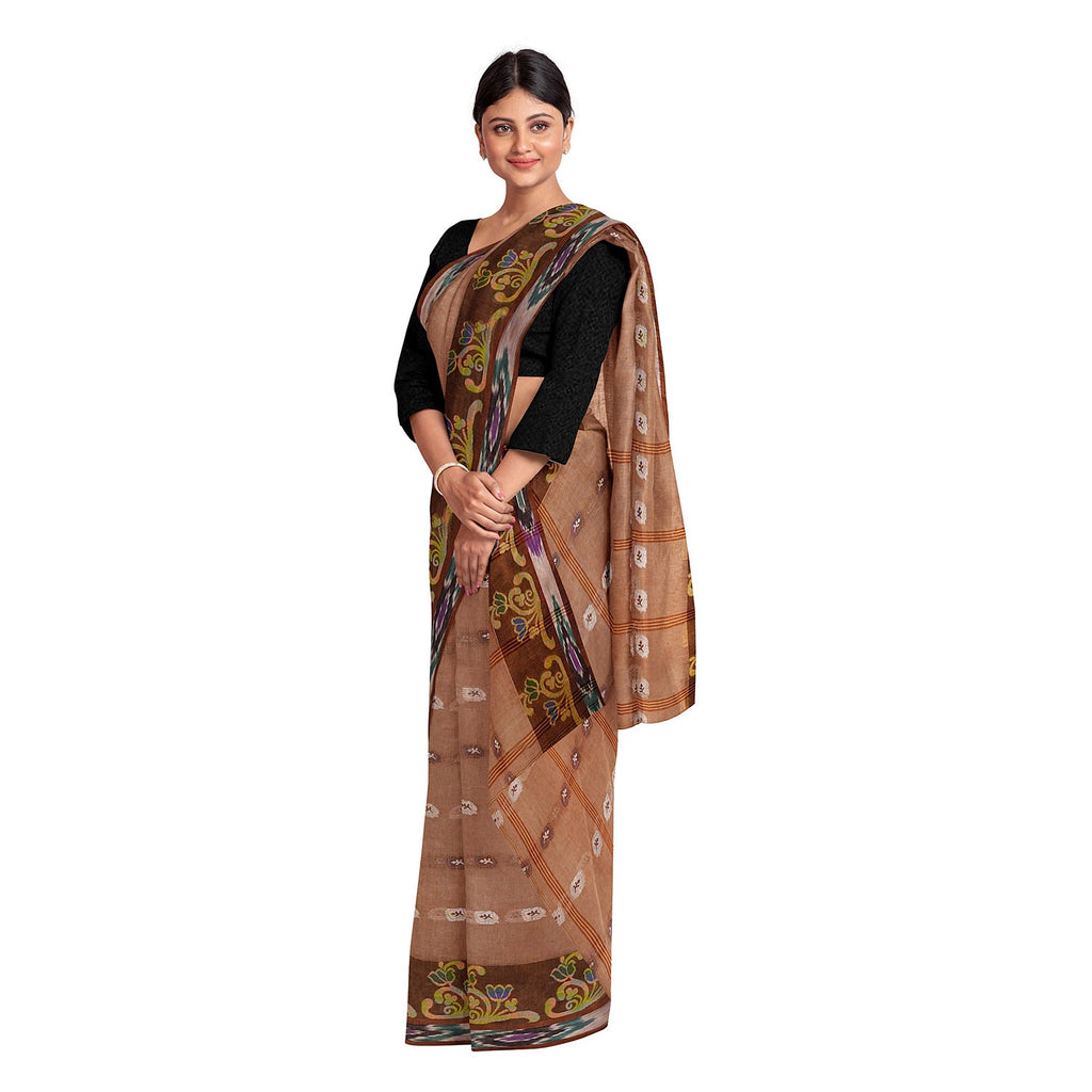 Exclusive Collection 100% Pure Cotton Brown Tant Saree With Hand Weaving Work | Grocsy