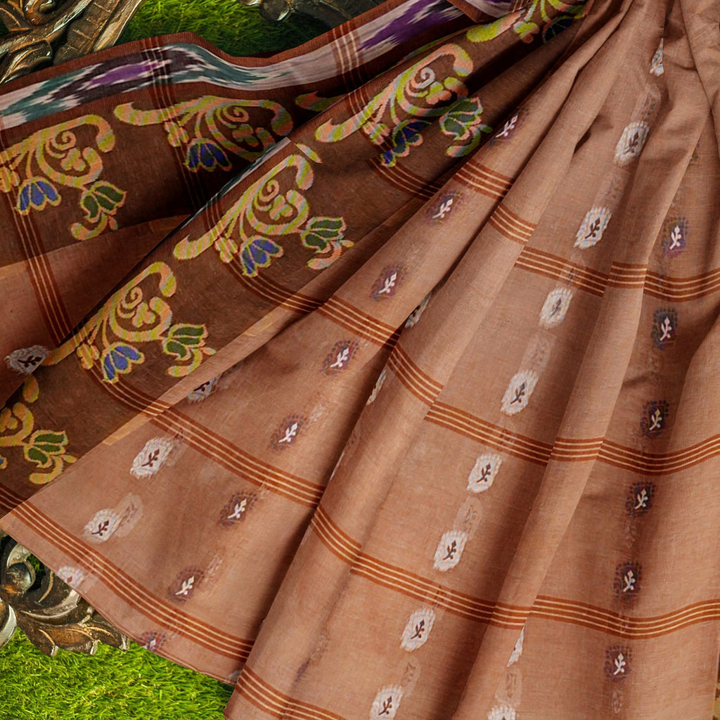 Exclusive Collection 100% Pure Cotton Brown Tant Saree With Hand Weaving Work | Grocsy