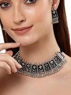 Tehzeeb Creations Women's German Silver Oxidised Necklace And Earrings | Grocsy