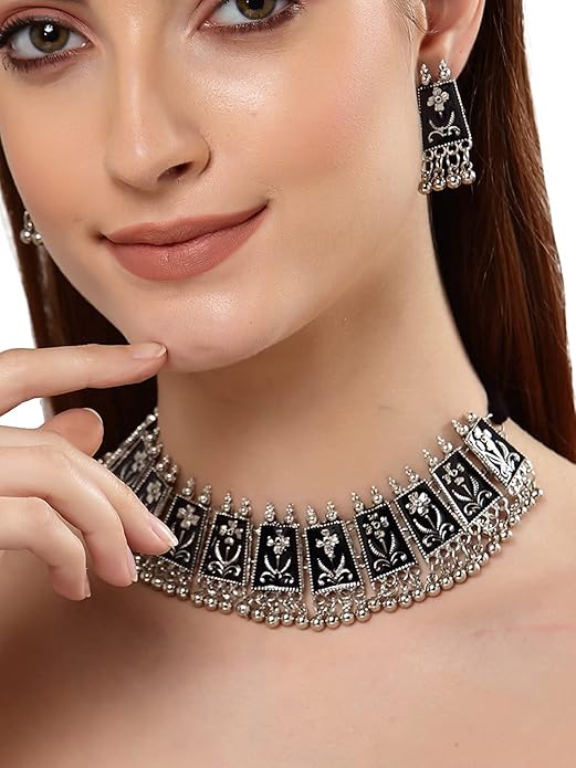 Tehzeeb Creations Women's German Silver Oxidised Necklace And Earrings | Grocsy