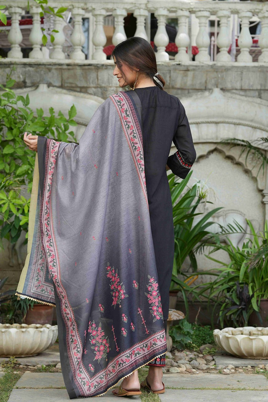 Juniper Black Mono Viscose Festive Wear Embroidered Straight Kurta Pant Dupatta Set | Grocsy
