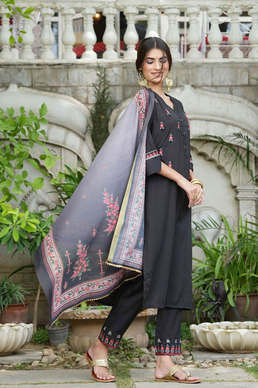 Juniper Black Mono Viscose Festive Wear Embroidered Straight Kurta Pant Dupatta Set | Grocsy
