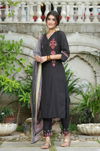 Juniper Black Mono Viscose Festive Wear Embroidered Straight Kurta Pant Dupatta Set | Grocsy