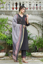 Juniper Black Mono Viscose Festive Wear Embroidered Straight Kurta Pant Dupatta Set | Grocsy