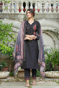 Juniper Black Mono Viscose Festive Wear Embroidered Straight Kurta Pant Dupatta Set | Grocsy
