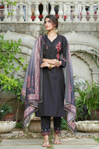 Juniper Black Mono Viscose Festive Wear Embroidered Straight Kurta Pant Dupatta Set | Grocsy