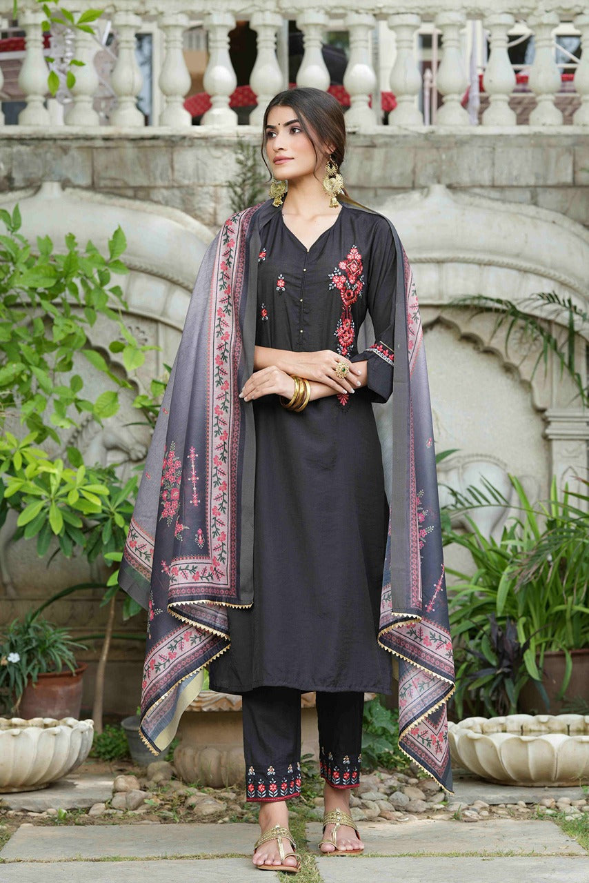 Juniper Black Mono Viscose Festive Wear Embroidered Straight Kurta Pant Dupatta Set | Grocsy
