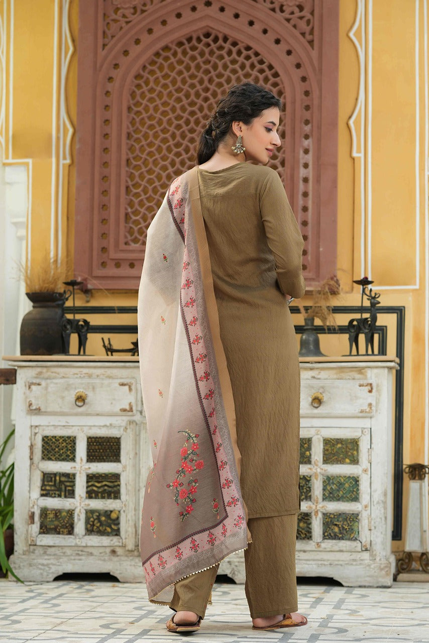 Juniper Women's Olive Mono Viscose Straight Embroidered Kurta Pant Dupatta Set | Grocsy