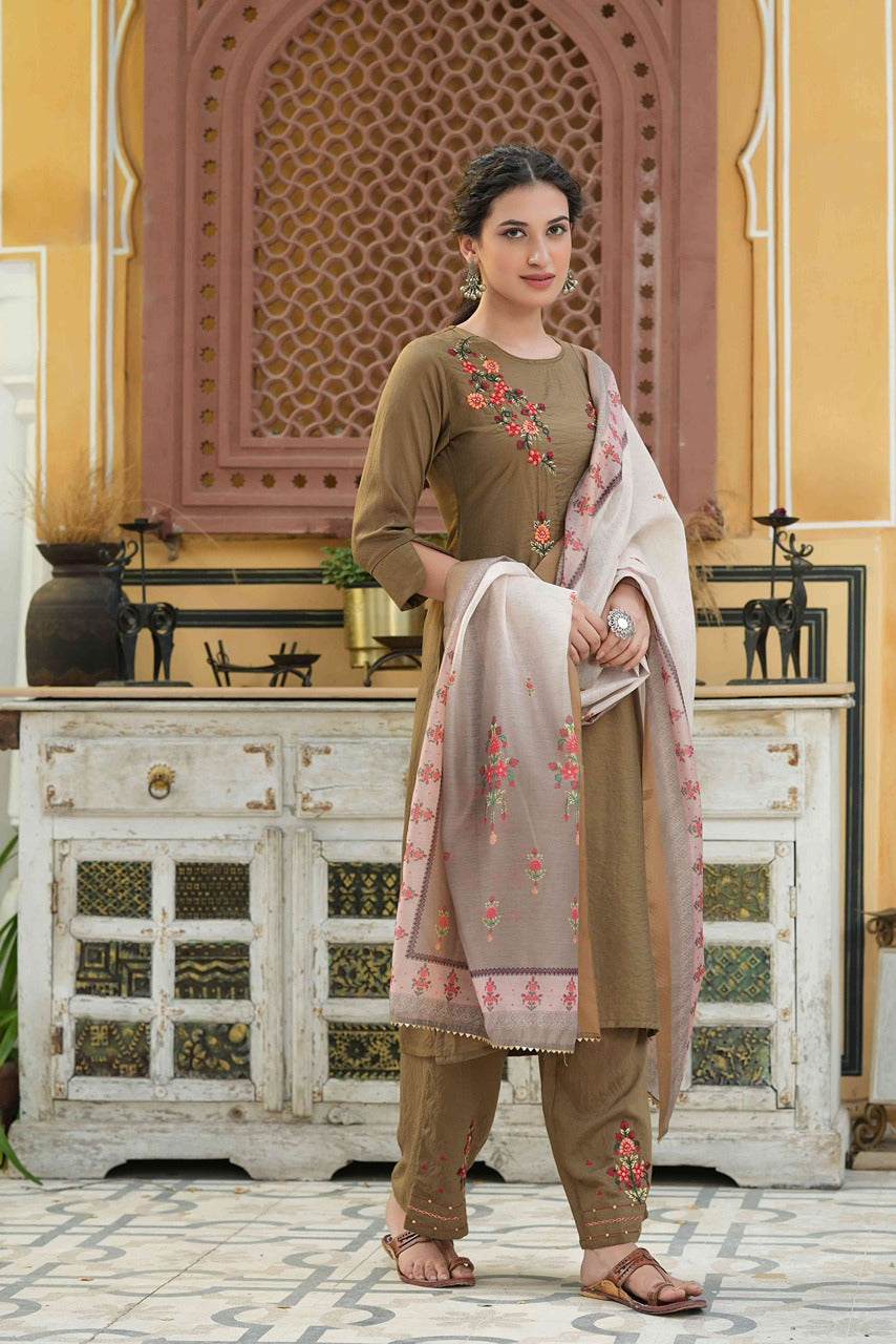 Juniper Women's Olive Mono Viscose Straight Embroidered Kurta Pant Dupatta Set | Grocsy