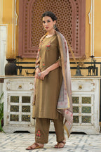 Juniper Women's Olive Mono Viscose Straight Embroidered Kurta Pant Dupatta Set | Grocsy