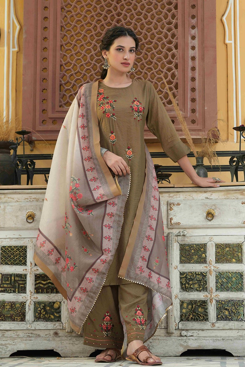 Juniper Women's Olive Mono Viscose Straight Embroidered Kurta Pant Dupatta Set | Grocsy