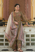 Juniper Women's Olive Mono Viscose Straight Embroidered Kurta Pant Dupatta Set | Grocsy