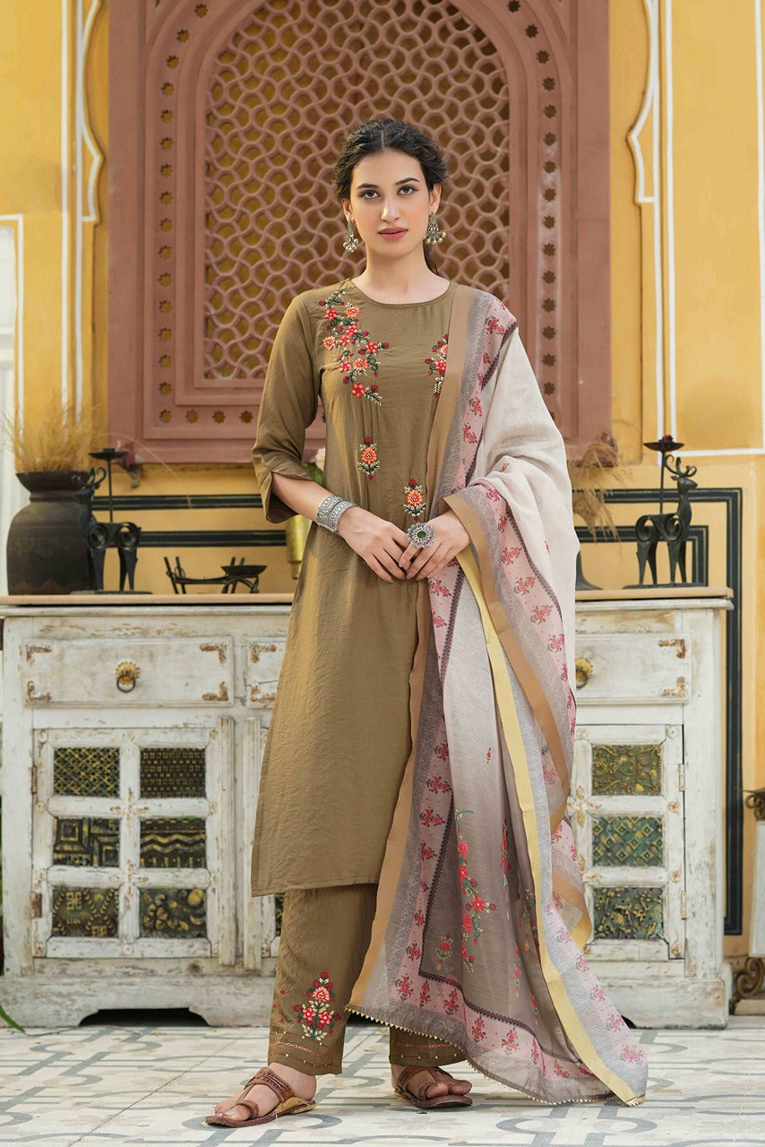 Juniper Women's Olive Mono Viscose Straight Embroidered Kurta Pant Dupatta Set | Grocsy