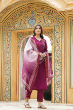 Juniper Maroon Mono Viscose Festive Wear Embroidered Straight Kurta Pant Dupatta Set | Grocsy
