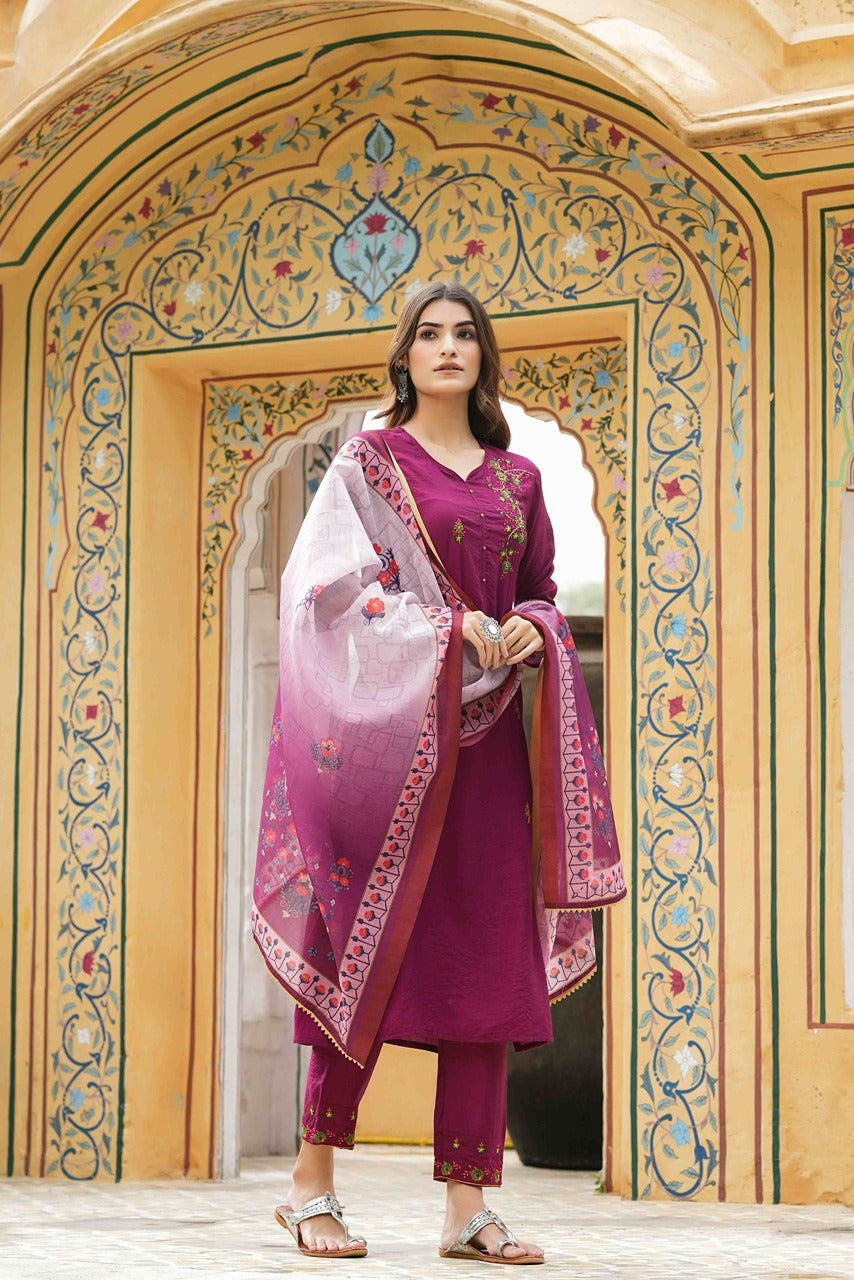 Juniper Maroon Mono Viscose Festive Wear Embroidered Straight Kurta Pant Dupatta Set | Grocsy