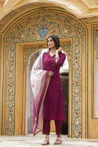 Juniper Maroon Mono Viscose Festive Wear Embroidered Straight Kurta Pant Dupatta Set | Grocsy