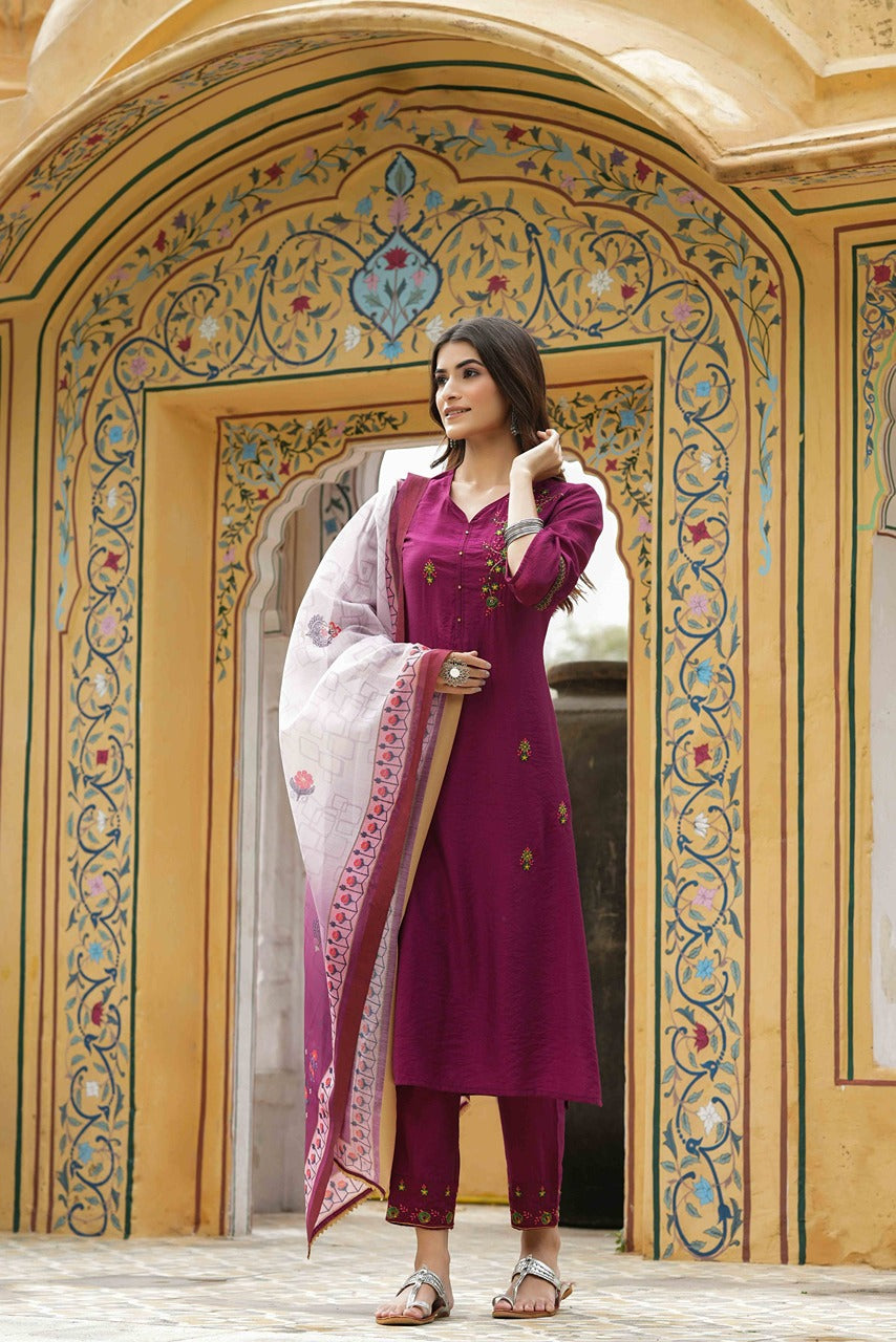 Juniper Maroon Mono Viscose Festive Wear Embroidered Straight Kurta Pant Dupatta Set | Grocsy