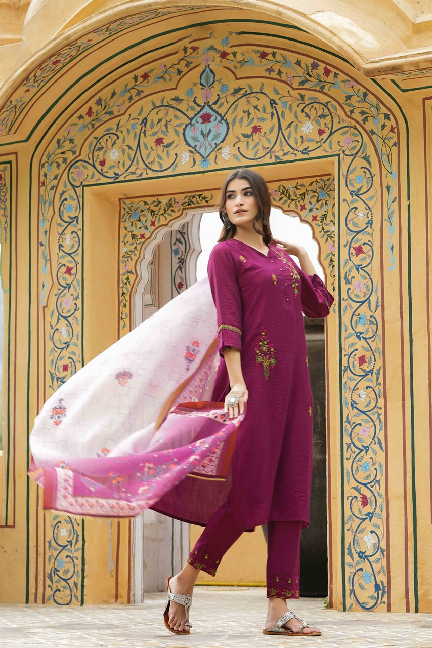 Juniper Maroon Mono Viscose Festive Wear Embroidered Straight Kurta Pant Dupatta Set | Grocsy