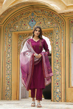 Juniper Maroon Mono Viscose Festive Wear Embroidered Straight Kurta Pant Dupatta Set | Grocsy