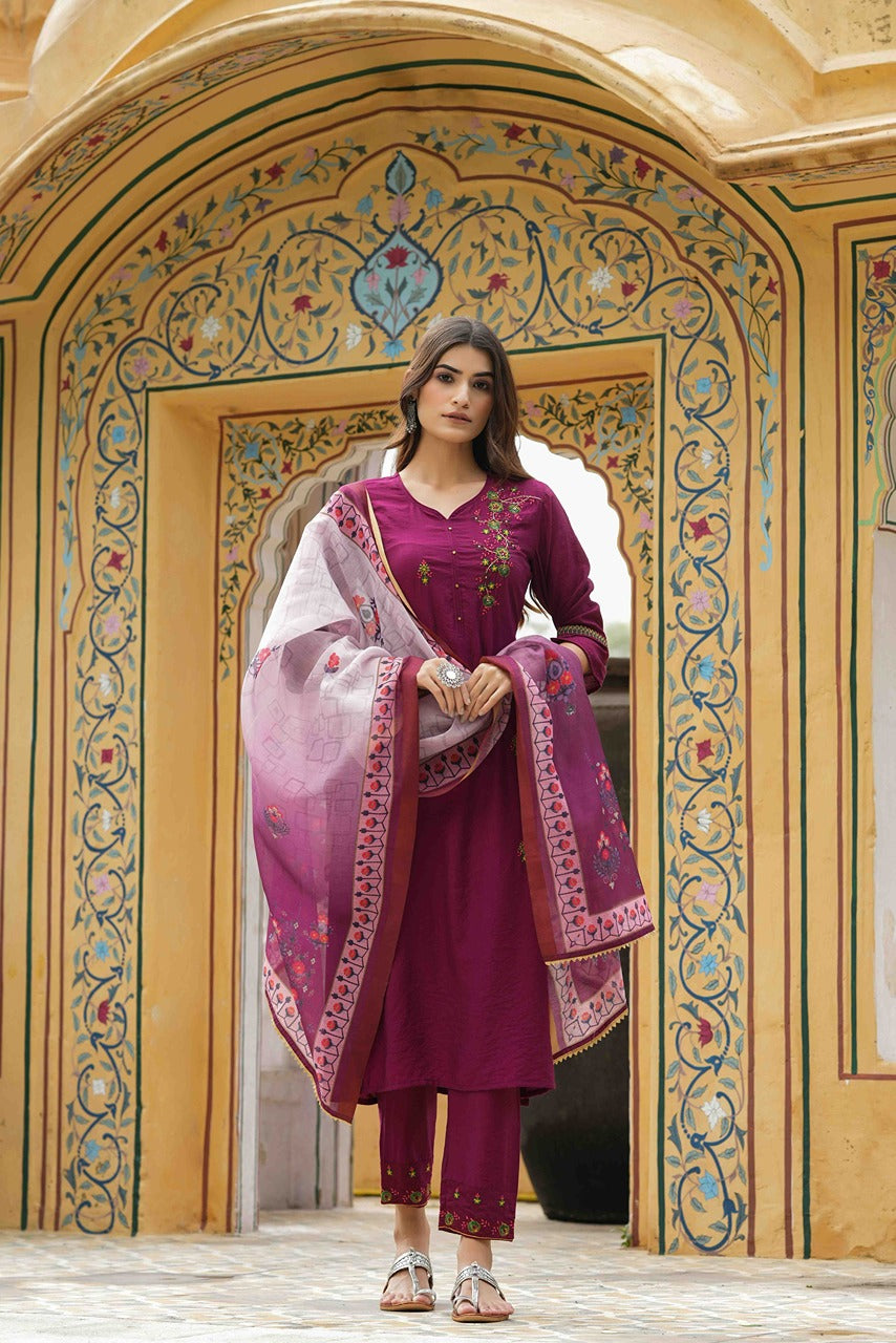 Juniper Maroon Mono Viscose Festive Wear Embroidered Straight Kurta Pant Dupatta Set | Grocsy