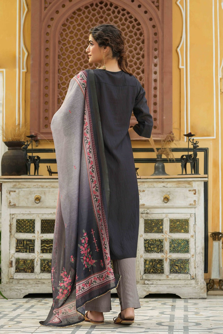 Juniper Dark Grey Mono Viscose Festive Wear Embroidered Straight Kurta Palazzo Dupatta Set | Grocsy