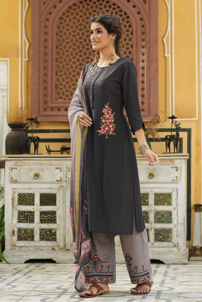 Juniper Dark Grey Mono Viscose Festive Wear Embroidered Straight Kurta Palazzo Dupatta Set | Grocsy