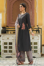 Juniper Dark Grey Mono Viscose Festive Wear Embroidered Straight Kurta Palazzo Dupatta Set | Grocsy