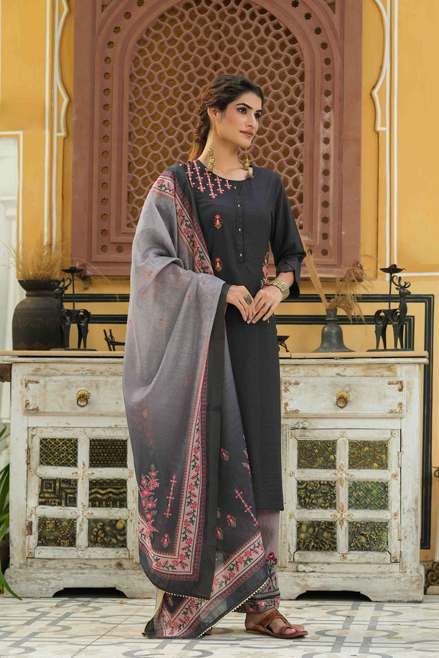 Juniper Dark Grey Mono Viscose Festive Wear Embroidered Straight Kurta Palazzo Dupatta Set | Grocsy