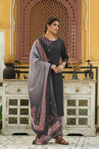 Juniper Dark Grey Mono Viscose Festive Wear Embroidered Straight Kurta Palazzo Dupatta Set | Grocsy