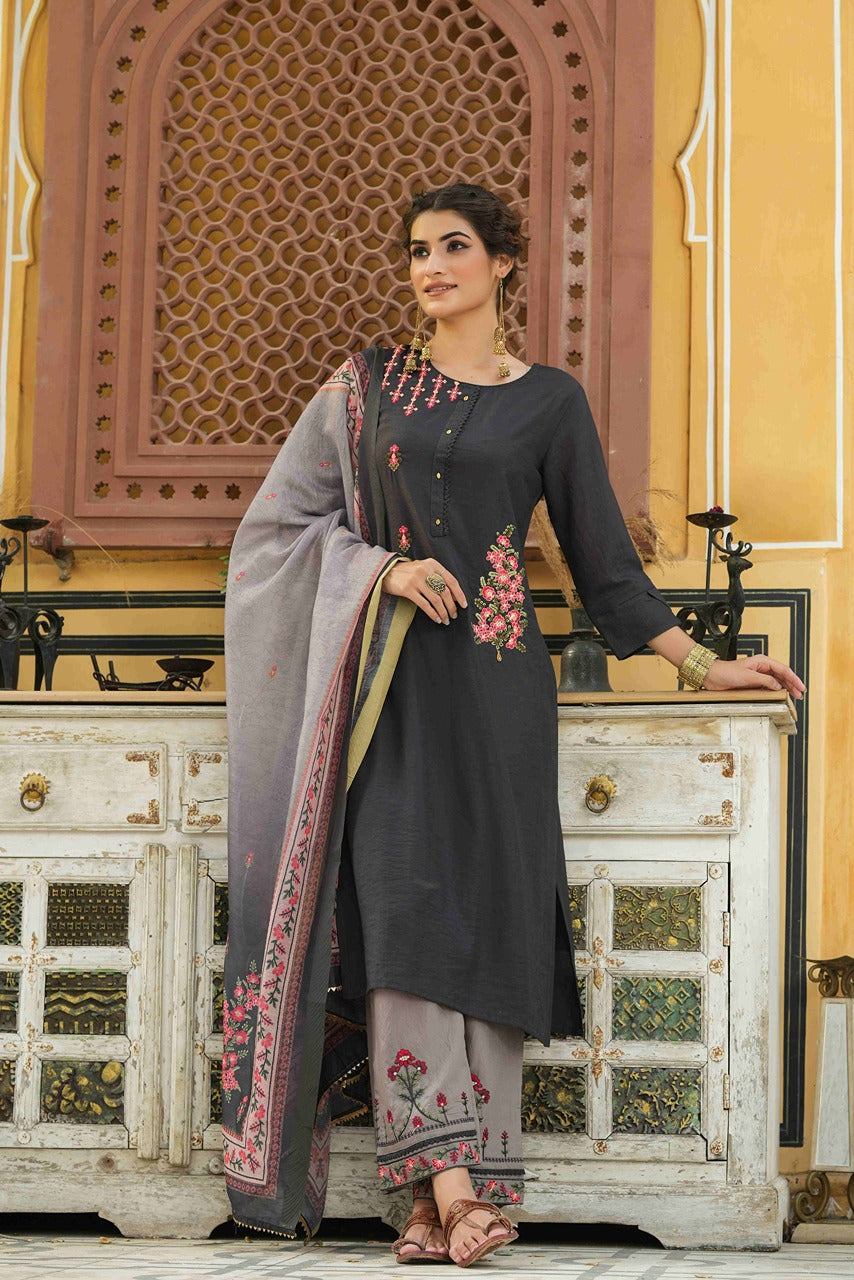 Juniper Dark Grey Mono Viscose Festive Wear Embroidered Straight Kurta Palazzo Dupatta Set | Grocsy