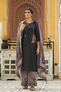 Juniper Dark Grey Mono Viscose Festive Wear Embroidered Straight Kurta Palazzo Dupatta Set | Grocsy