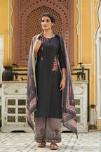 Juniper Dark Grey Mono Viscose Festive Wear Embroidered Straight Kurta Palazzo Dupatta Set | Grocsy