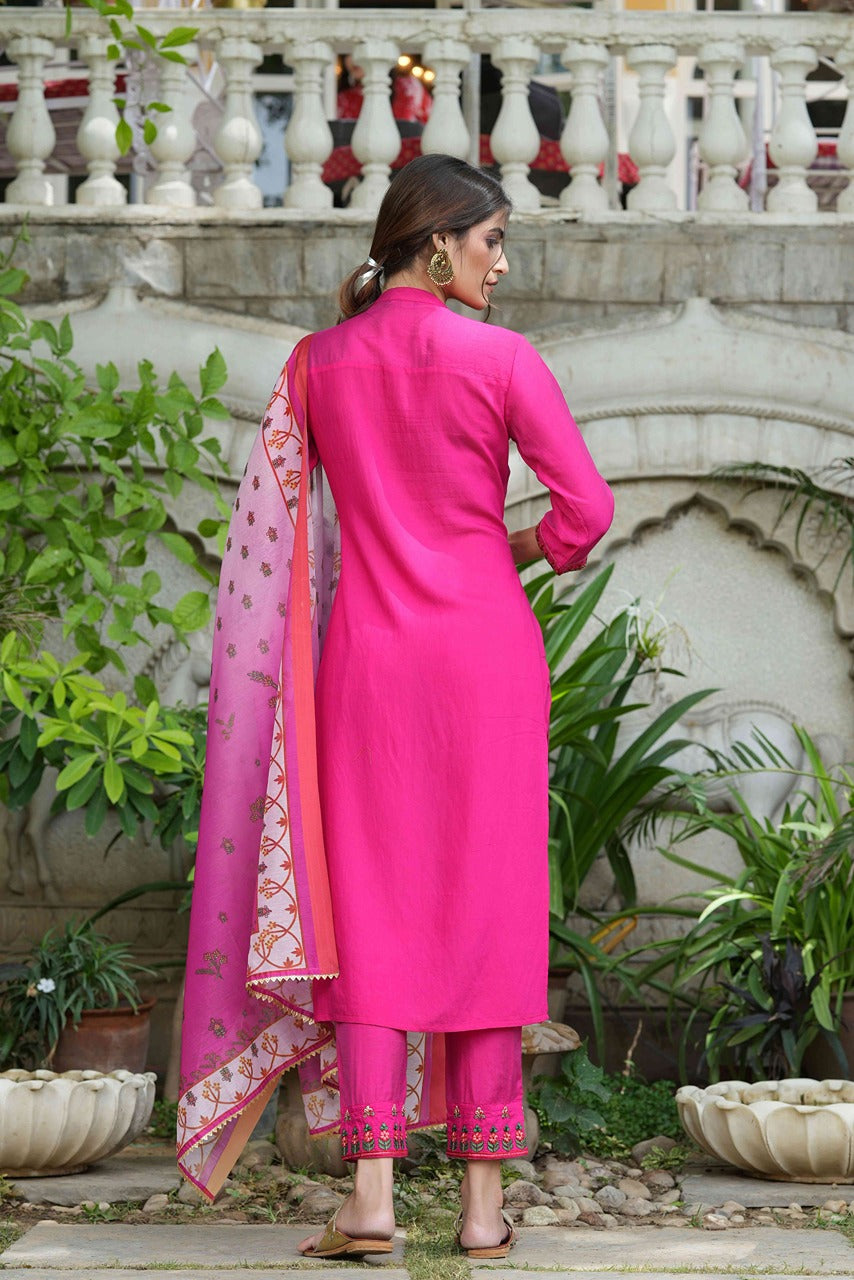 Juniper Fuchsia Mono Viscose Festive Wear Embroidered Straight Kurta Pant Dupatta Set | Grocsy