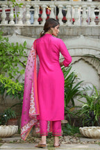 Juniper Fuchsia Mono Viscose Festive Wear Embroidered Straight Kurta Pant Dupatta Set | Grocsy