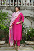 Juniper Fuchsia Mono Viscose Festive Wear Embroidered Straight Kurta Pant Dupatta Set | Grocsy