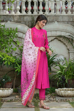 Juniper Fuchsia Mono Viscose Festive Wear Embroidered Straight Kurta Pant Dupatta Set | Grocsy