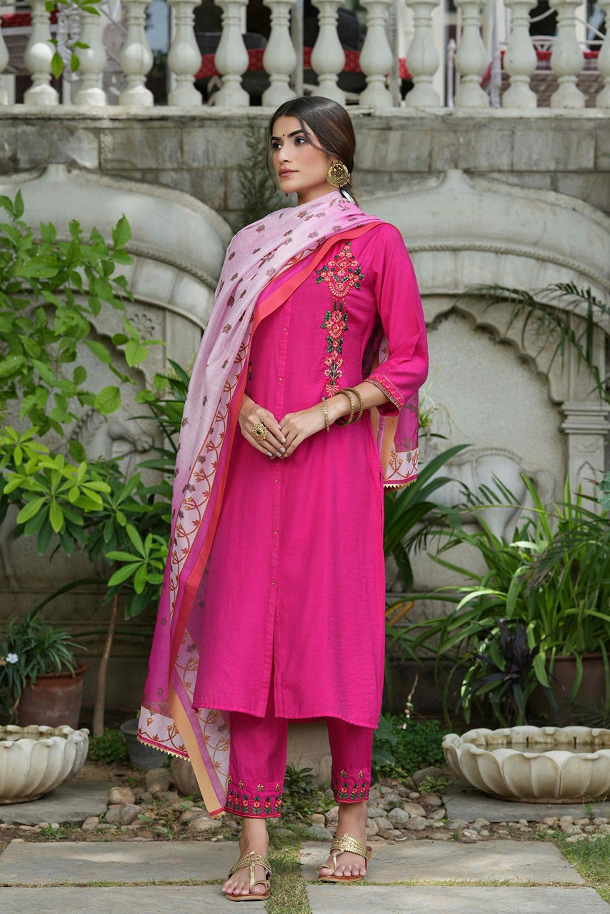 Juniper Fuchsia Mono Viscose Festive Wear Embroidered Straight Kurta Pant Dupatta Set | Grocsy
