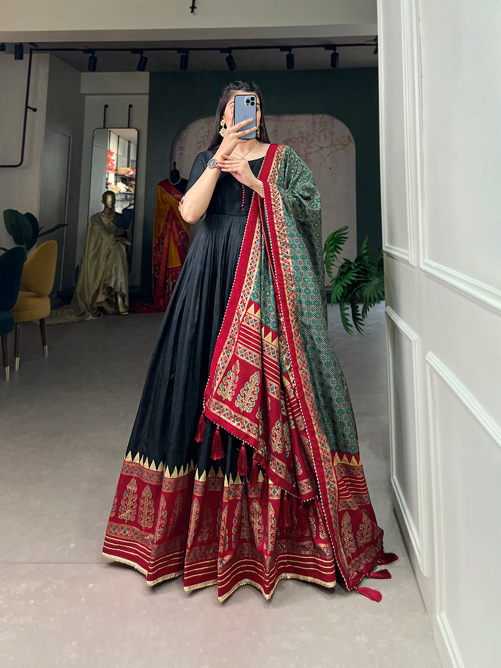 Lorenvalley Black Tussar Silk Print With Foil Print Gown with Dupatta | Grocsy