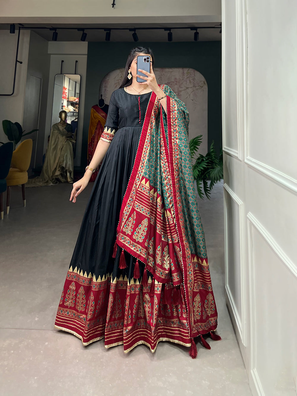 Lorenvalley Black Tussar Silk Print With Foil Print Gown with Dupatta | Grocsy
