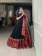 Lorenvalley Black Tussar Silk Print With Foil Print Gown with Dupatta | Grocsy