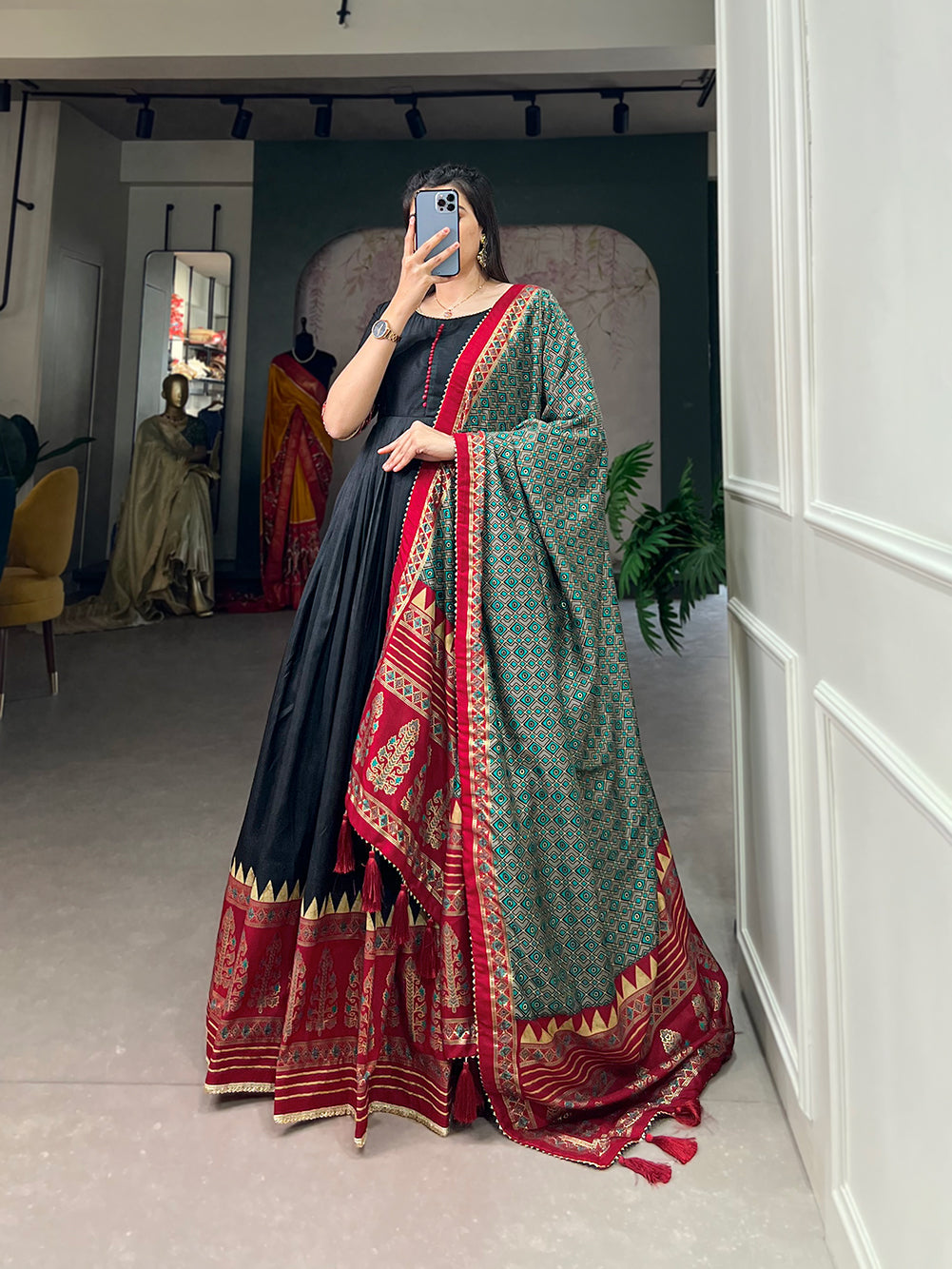 Lorenvalley Black Tussar Silk Print With Foil Print Gown with Dupatta | Grocsy