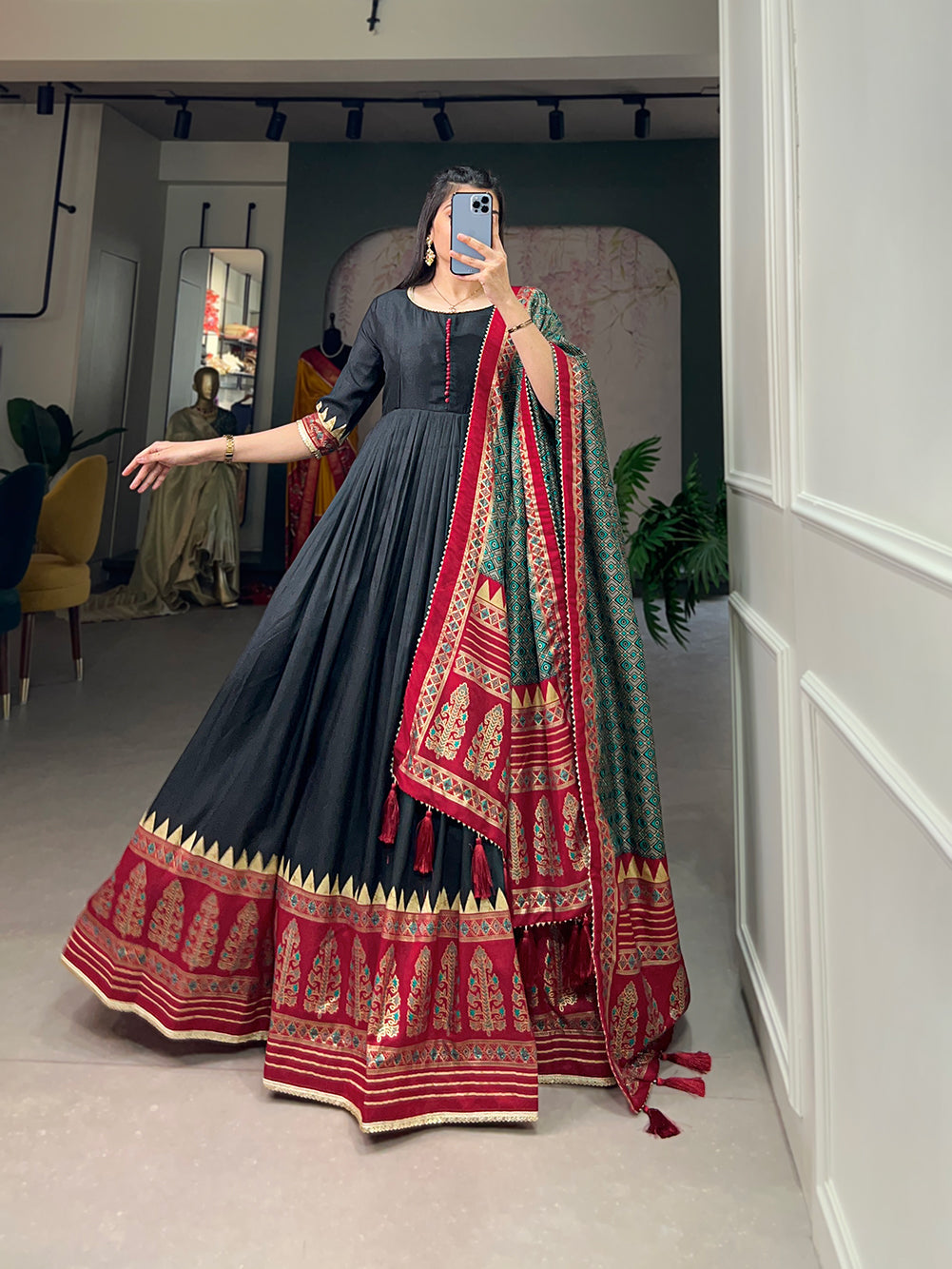 Lorenvalley Black Tussar Silk Print With Foil Print Gown with Dupatta | Grocsy