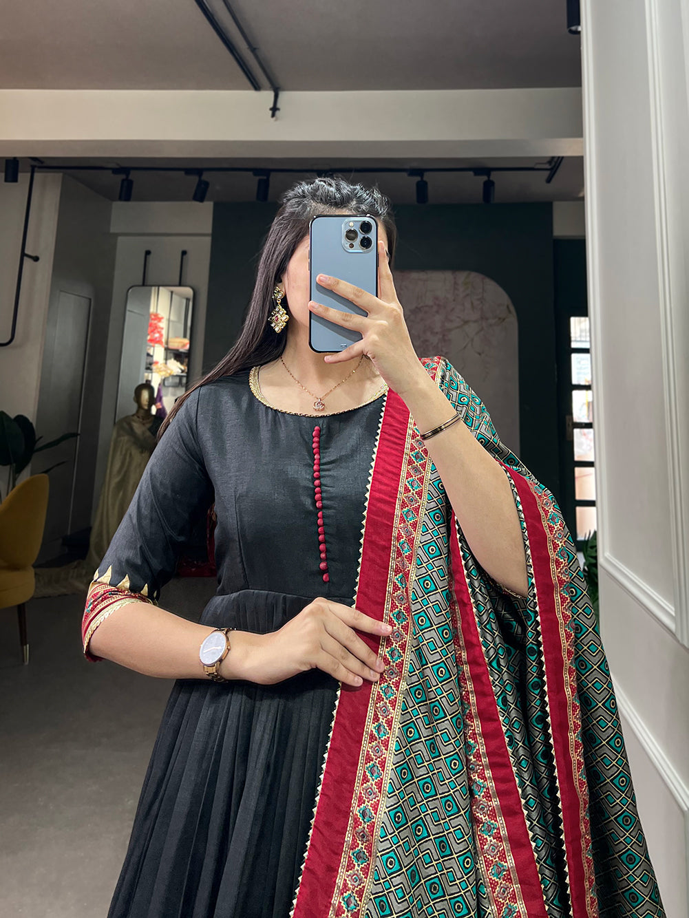 Lorenvalley Black Tussar Silk Print With Foil Print Gown with Dupatta | Grocsy