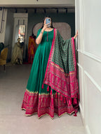 Lorenvalley Green Tussar Silk Print With Foil Print Gown with Dupatta | Grocsy