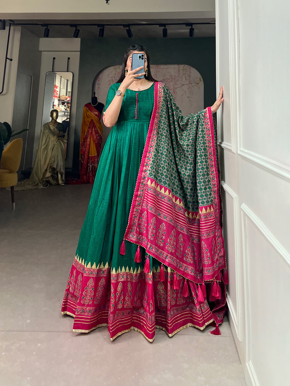 Lorenvalley Green Tussar Silk Print With Foil Print Gown with Dupatta | Grocsy