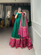 Lorenvalley Green Tussar Silk Print With Foil Print Gown with Dupatta | Grocsy