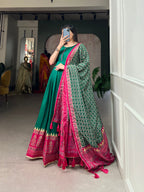 Lorenvalley Green Tussar Silk Print With Foil Print Gown with Dupatta | Grocsy