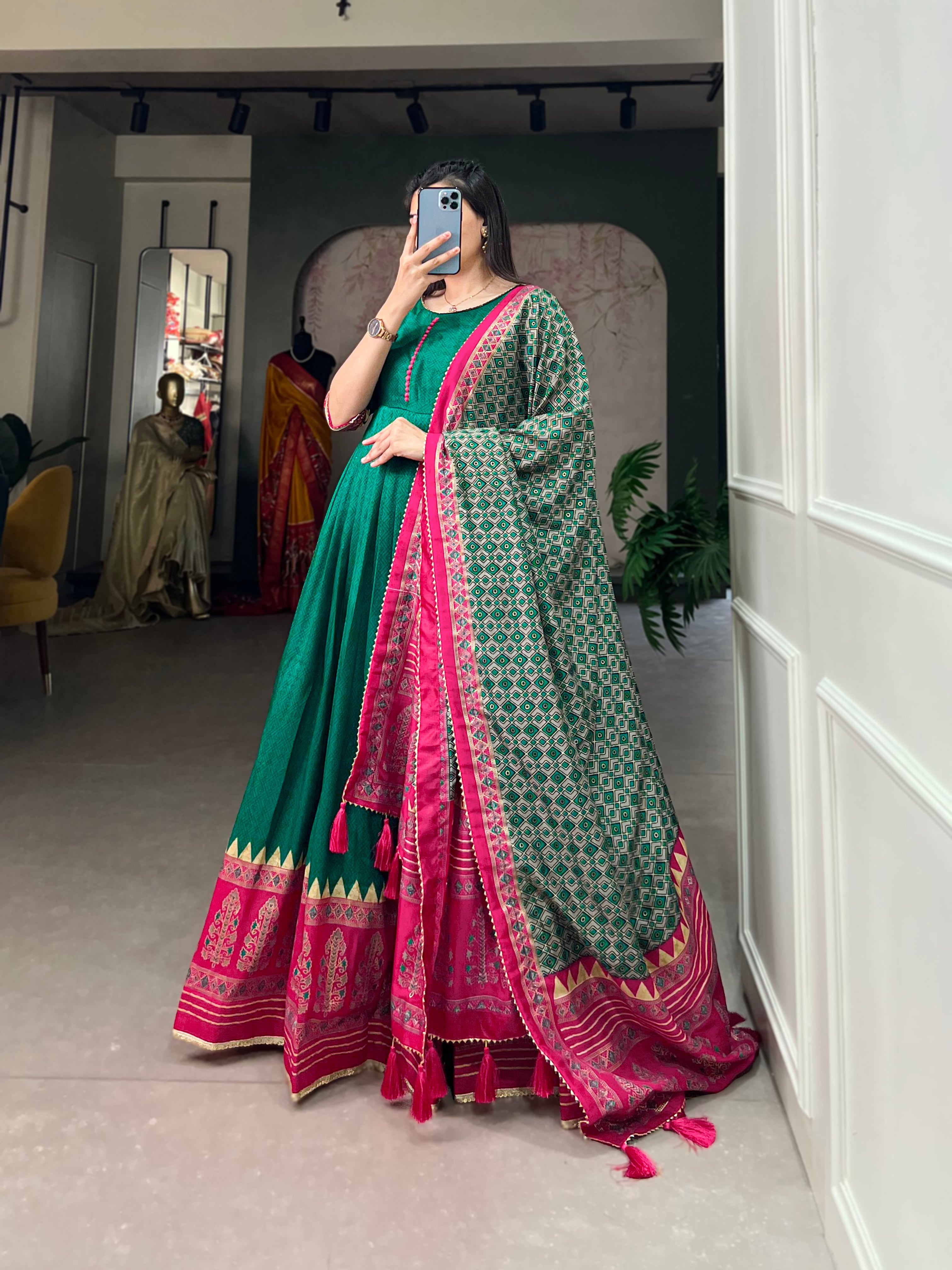 Lorenvalley Green Tussar Silk Print With Foil Print Gown with Dupatta | Grocsy