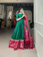 Lorenvalley Green Tussar Silk Print With Foil Print Gown with Dupatta | Grocsy